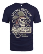 Sailors Never Die Pirate Skull Graphic Tee Vintage Tshirt - navy t-shirt on white background