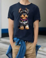 Cute Yorkshire Terrier Graphic Tee Adorable Puppy Lover Tshirt - model wearing navy tee with hands in pockets
