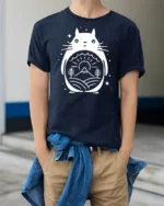 Cute Totoro Style Forest Graphic Tee Nature Spirit Tshirt - model wearing navy tee with hands in pockets