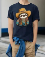 Cute Cowboy Sloth Graphic Tee Funny Western Style Tshirt - model wearing navy tee with hands in pockets