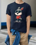 Cool Bunny Graphic Tee Funny Cute Animal Style Tshirt - model wearing navy tee with hands in pockets
