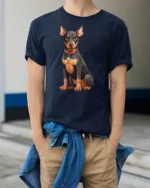 Cute Doberman Dog Graphic Tee Loyal Puppy Lover Tshirt - model wearing navy tee with hands in pockets