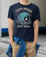 Good Waves Stay Wild Graphic Tee Retro Surf Beach Tshirt - model wearing navy tee with hands in pockets