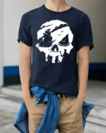 Pirate Skull Ship Graphic Tee Adventure Ocean Style Tshirt - model wearing navy tee with hands in pockets