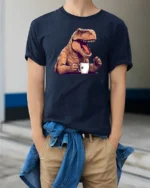 Funny T Rex Coffee Graphic Tee Dinosaur Lover Humor Tshirt - model wearing navy tee with hands in pockets