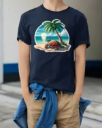 Cute Sea Turtle Beach Graphic Tee Summer Ocean Style Tshirt - model wearing navy tee with hands in pockets