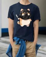 Funny Ninja Cat Graphic Tee Cute Cartoon Humor Style Tshirt - model wearing navy tee with hands in pockets