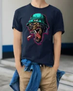 Fierce Rottweiler Graphic Tee Street Style Urban Dog Tshirt - model wearing navy tee with hands in pockets
