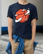 Cool Basketball Graphic Tee Sport Style Urban Game Tshirt - model wearing navy tee with hands in pockets
