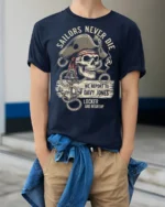 Sailors Never Die Pirate Skull Graphic Tee Vintage Tshirt - model wearing navy tee with hands in pockets
