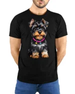 Cute Yorkshire Terrier Graphic Tee Adorable Puppy Lover Tshirt - model wearing black tee with hands behind back