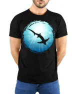 Shark Ocean Silhouette Graphic Tee Marine Life Art Tshirt - model wearing black tee with hands behind back