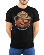 Resist Bear Graphic Tee Nature Lover Adventure Style Tshirt - model wearing black tee with hands behind back