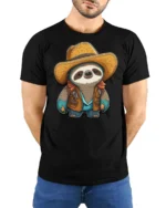 Cute Cowboy Sloth Graphic Tee Funny Western Style Tshirt - model wearing black tee with hands behind back