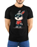 Cool Bunny Graphic Tee Funny Cute Animal Style Tshirt - model wearing black tee with hands behind back