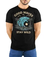 Good Waves Stay Wild Graphic Tee Retro Surf Beach Tshirt - model wearing black tee with hands behind back