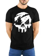 Pirate Skull Ship Graphic Tee Adventure Ocean Style Tshirt - model wearing black tee with hands behind back