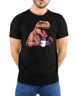 Funny T Rex Coffee Graphic Tee Dinosaur Lover Humor Tshirt - model wearing black tee with hands behind back