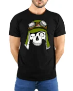 Skull Pilot Helmet Graphic Tee Retro Aviator Tshirt - model wearing black tee with hands behind back