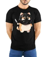 Funny Ninja Cat Graphic Tee Cute Cartoon Humor Style Tshirt - model wearing black tee with hands behind back