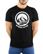 Wander Often Mountain Adventure Graphic Tee Outdoor Tshirt - model wearing black tee with hands behind back