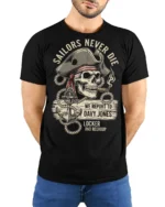 Sailors Never Die Pirate Skull Graphic Tee Vintage Tshirt - model wearing black tee with hands behind back