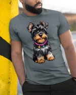 Cute Yorkshire Terrier Graphic Tee Adorable Puppy Lover Tshirt - model wearing grey tee, leaning on column
