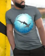 Shark Ocean Silhouette Graphic Tee Marine Life Art Tshirt - model wearing grey tee, leaning on column