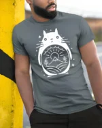 Cute Totoro Style Forest Graphic Tee Nature Spirit Tshirt - model wearing grey tee, leaning on column