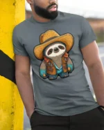 Cute Cowboy Sloth Graphic Tee Funny Western Style Tshirt - model wearing grey tee, leaning on column