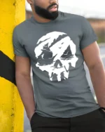 Pirate Skull Ship Graphic Tee Adventure Ocean Style Tshirt - model wearing grey tee, leaning on column