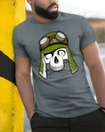Skull Pilot Helmet Graphic Tee Retro Aviator Tshirt - model wearing grey tee, leaning on column