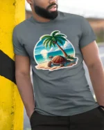 Cute Sea Turtle Beach Graphic Tee Summer Ocean Style Tshirt - model wearing grey tee, leaning on column
