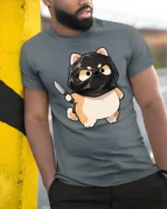 Funny Ninja Cat Graphic Tee Cute Cartoon Humor Style Tshirt - model wearing grey tee, leaning on column