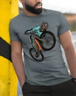 Extreme Mountain Bike Graphic Tee Freestyle Rider Sport Tshirt - model wearing grey tee, leaning on column