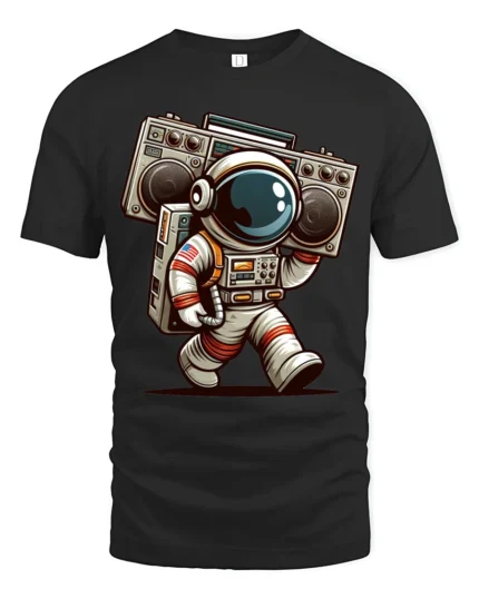 Retro Astronaut Boombox Tshirt Cool Space Music Graphic - black t-shirt on white background