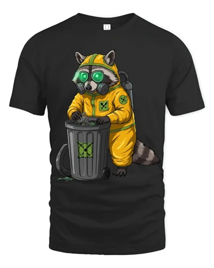 Cute Raccoon Hazmat Suit Tshirt Dark Humor Graphic Style - black t-shirt on white background