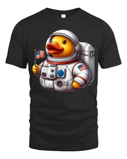 Cute Astronaut Duck Tshirt Funny Space Animal Graphic - black t-shirt on white background