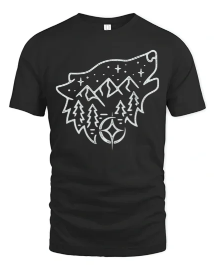 Wolf Mountain Night Sky Tshirt Minimal Outdoor Nature Graphic - black t-shirt on white background