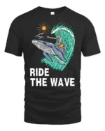 Ride The Wave Skeleton Surfing Whale Tshirt Ocean Humor - black t-shirt on white background
