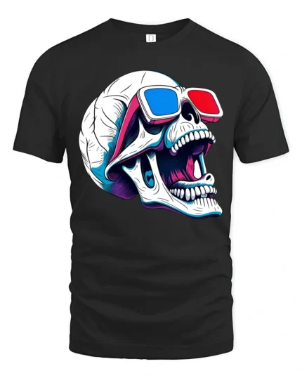 Skull 3D Glasses Tshirt Retro Funny Skeleton Graphic Style - black t-shirt on white background