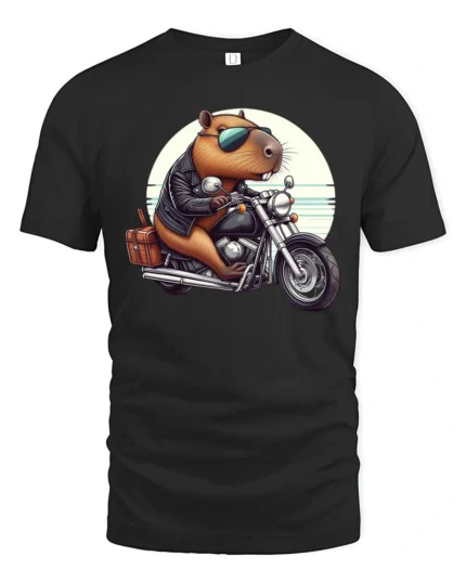 Capybara Riding Motorcycle Tee Cute Biker Humor Graphic - black t-shirt on white background