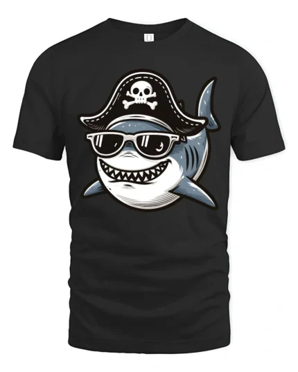 Funny Pirate Shark Tshirt Cool Ocean Cartoon Humor Graphic - black t-shirt on white background