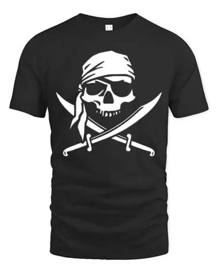 Pirate Skull Crossed Swords Tshirt Classic Jolly Roger Style - black t-shirt on white background