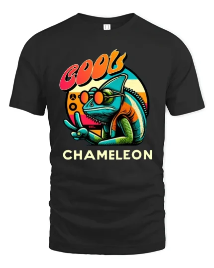 Cool Chameleon Peace Sign Tshirt Retro Funny Lizard Graphic - black t-shirt on white background