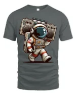 Retro Astronaut Boombox Tshirt Cool Space Music Graphic - gray t-shirt on white background