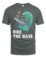 Ride The Wave Skeleton Surfing Whale Tshirt Ocean Humor - gray t-shirt on white background