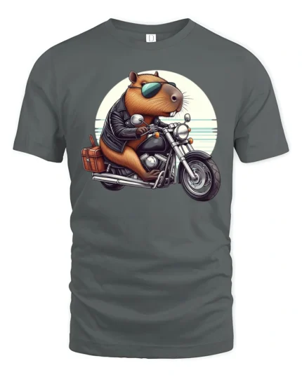 Capybara Riding Motorcycle Tee Cute Biker Humor Graphic - gray t-shirt on white background