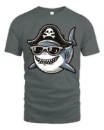 Funny Pirate Shark Tshirt Cool Ocean Cartoon Humor Graphic - gray t-shirt on white background