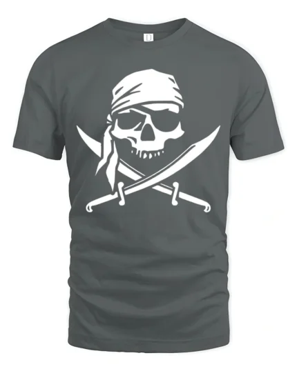 Pirate Skull Crossed Swords Tshirt Classic Jolly Roger Style - gray t-shirt on white background